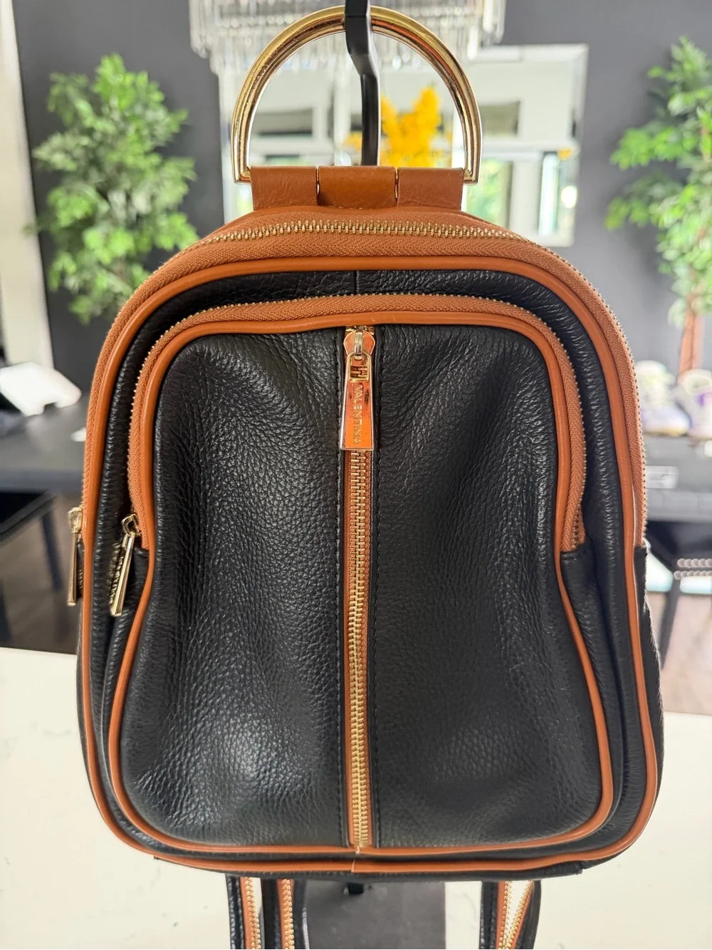 Valentina Black and Tan Leather Backpack with Gold Hardware